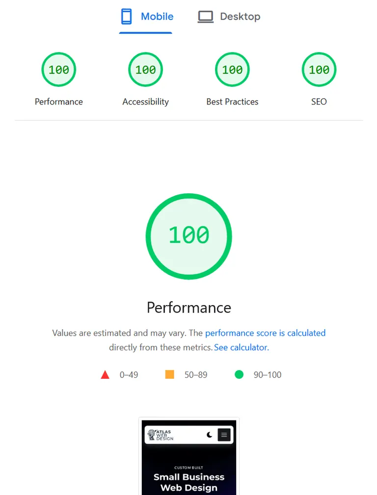 Google PageSpeed Insights results: 100 for Performance, Accessibility, Best Practices, and SEO.